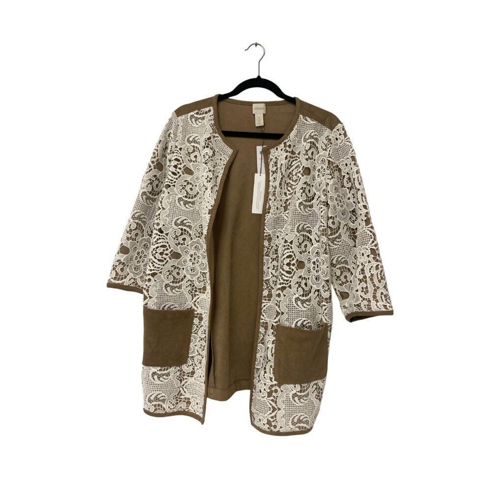 Chico's Womens Jacket Size 1 S Duster Ecru Tan Lace Faux Suede Open Front NWT